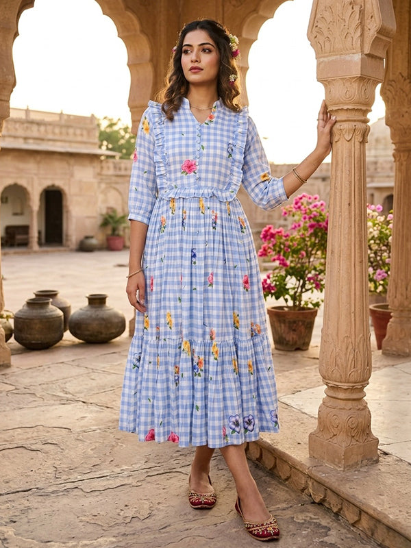 Sky Blue Muslin Silk Gingham Print Puff Sleeves Midi Kurti