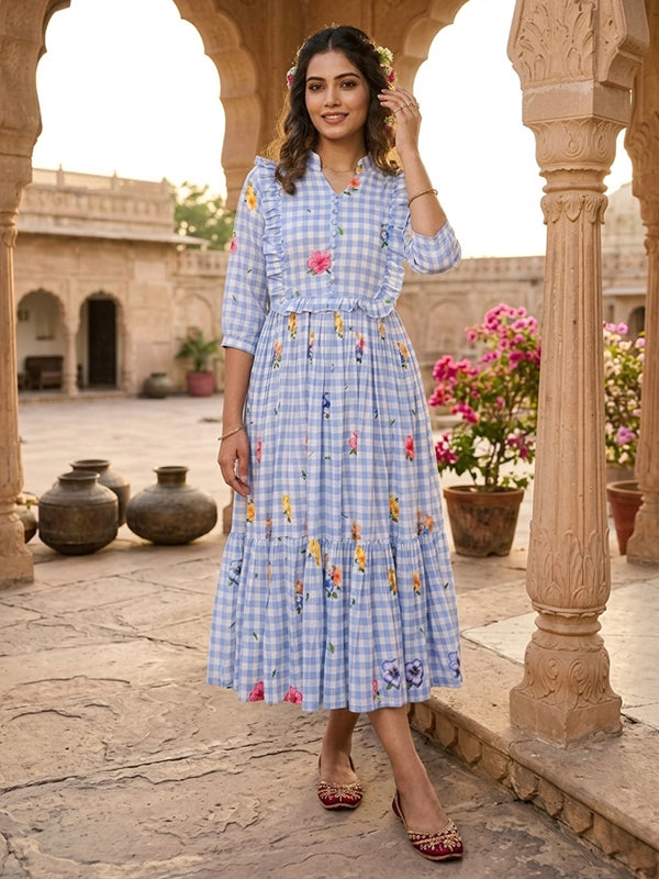 Sky Blue Muslin Silk Gingham Print Puff Sleeves Midi Kurti