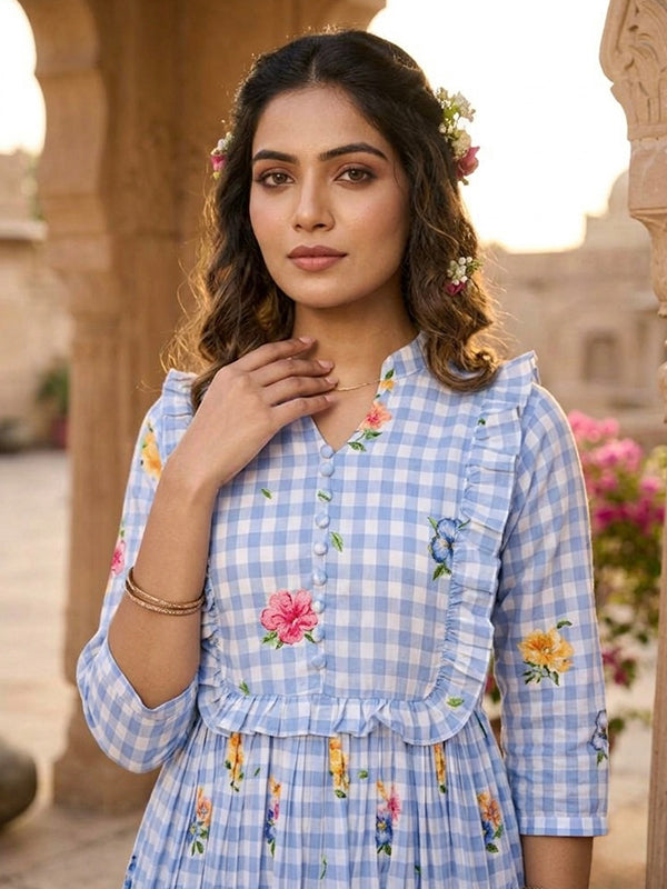 Sky Blue Muslin Silk Gingham Print Puff Sleeves Midi Kurti