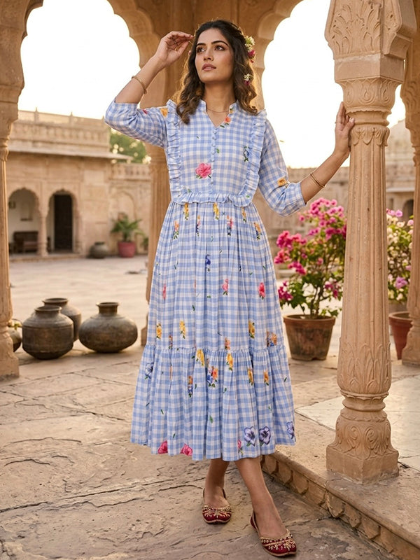 Sky Blue Muslin Silk Gingham Print Puff Sleeves Midi Kurti