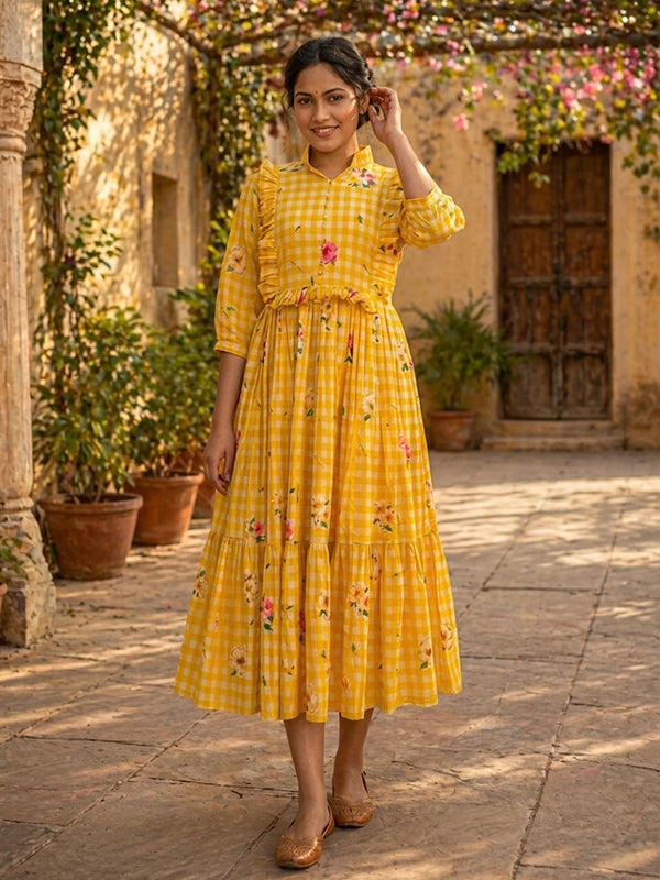 Yellow Muslin Silk Gingham Print Puff Sleeves Midi Kurti
