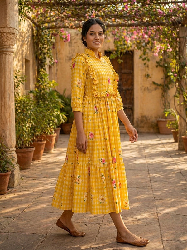 Yellow Muslin Silk Gingham Print Puff Sleeves Midi Kurti