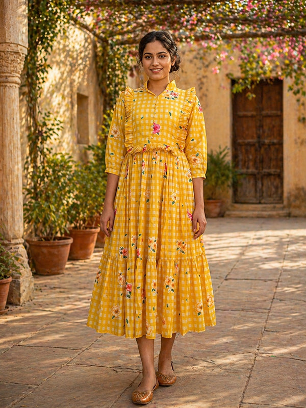 Yellow Muslin Silk Gingham Print Puff Sleeves Midi Kurti