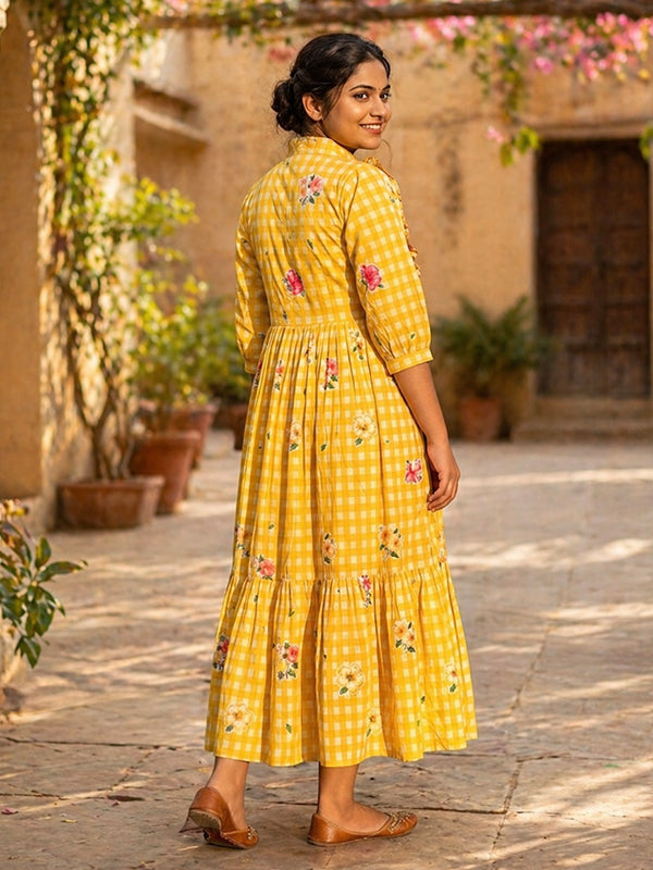 Yellow Muslin Silk Gingham Print Puff Sleeves Midi Kurti