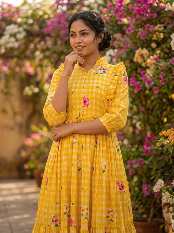 Yellow Muslin Silk Gingham Print Puff Sleeves Midi Kurti