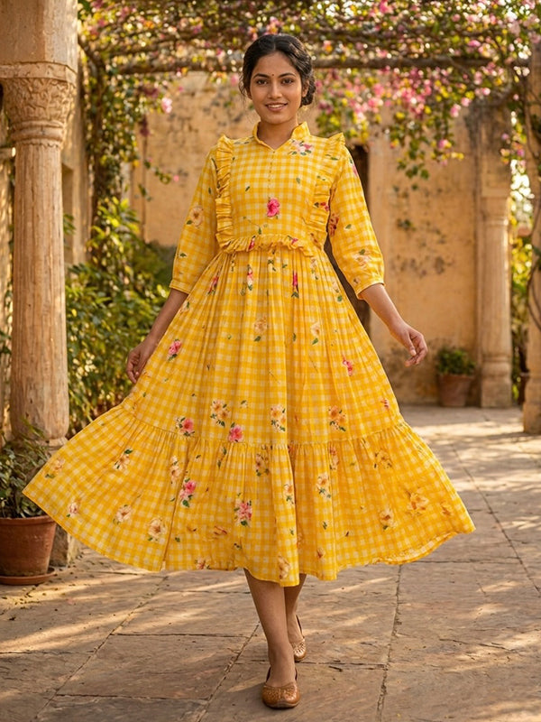 Yellow Muslin Silk Gingham Print Puff Sleeves Midi Kurti