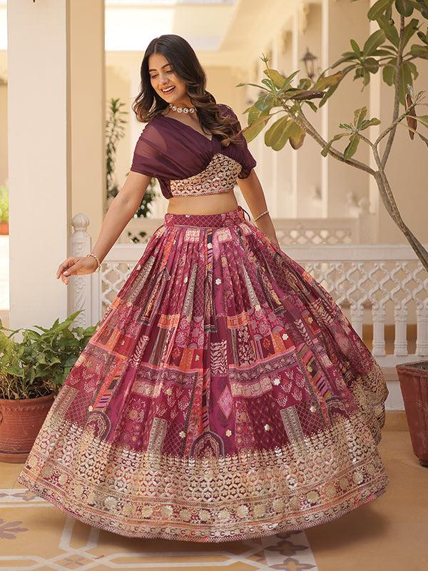 Wine Russian Silk Foil Embroidered Lehenga Choli