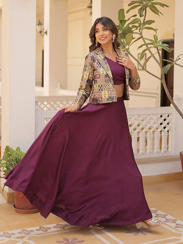 Wine Chinon Lehenga Choli With Jquard Designer Koti