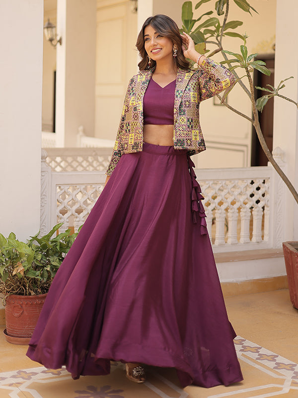 Wine Chinon Lehenga Choli With Jquard Designer Koti