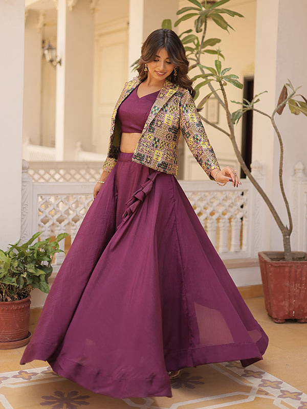 Wine Chinon Lehenga Choli With Jquard Designer Koti