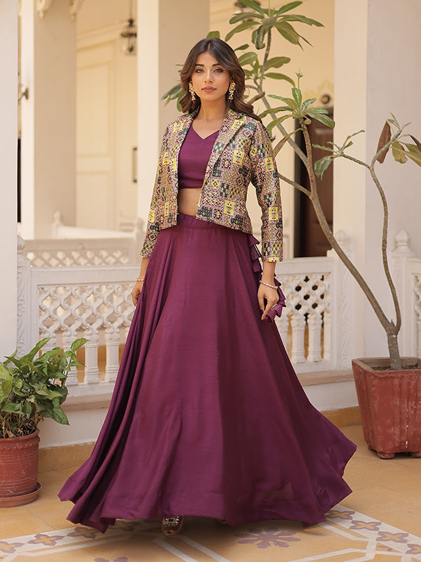 Wine Chinon Lehenga Choli With Jquard Designer Koti