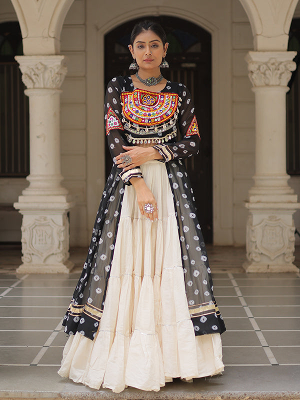 Black Bandhani Printed Long Kurti With Off White Lehenga