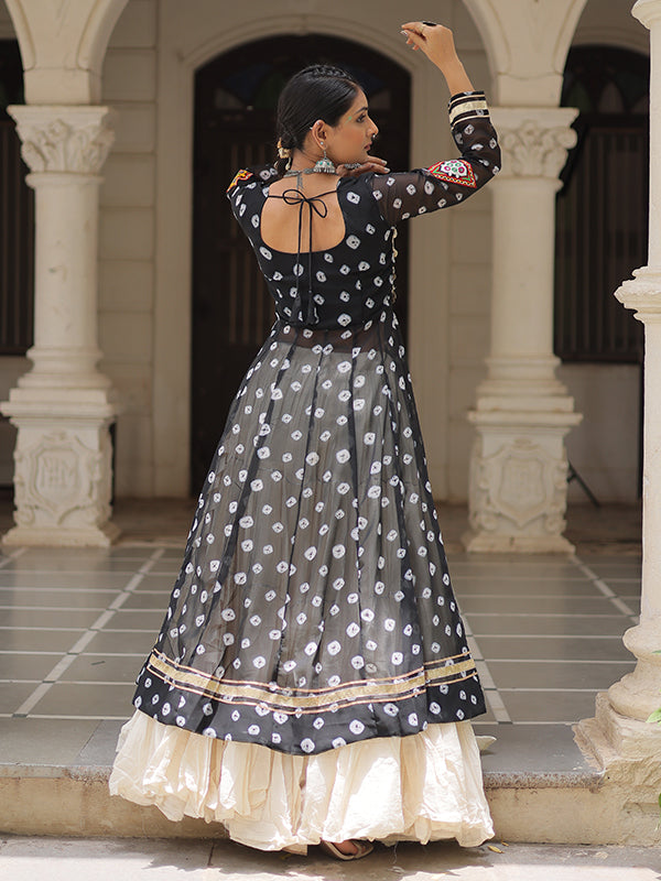 Black Bandhani Printed Long Kurti With Off White Lehenga
