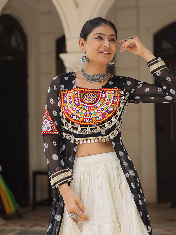 Black Bandhani Printed Long Kurti With Off White Lehenga