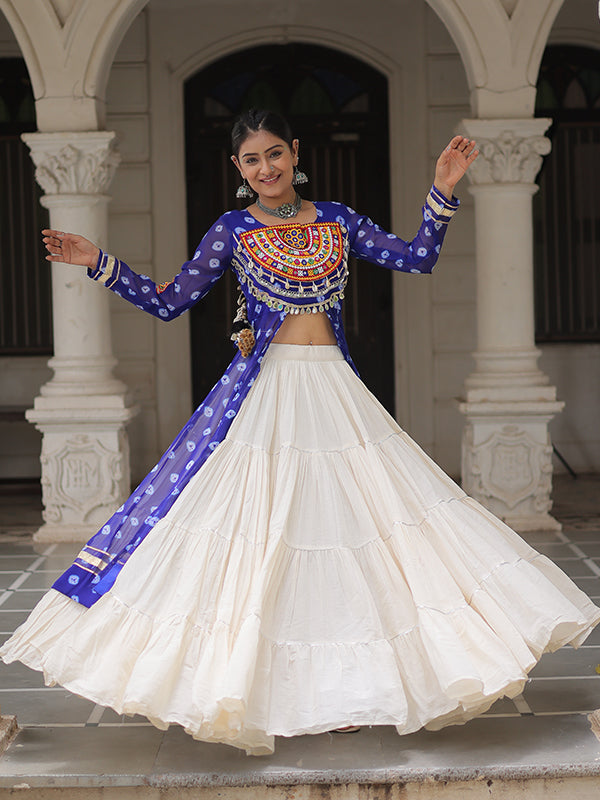 Blue Bandhani Printed Long Kurti With Off White Lehenga