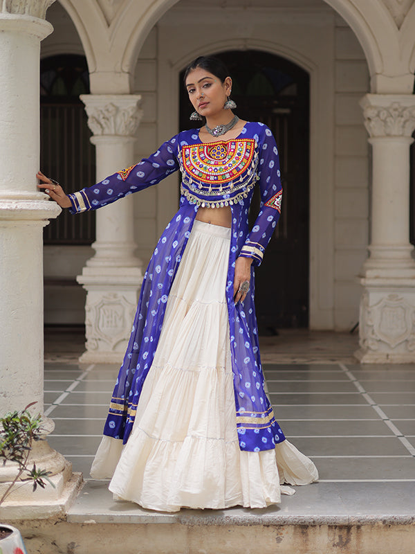 Blue Bandhani Printed Long Kurti With Off White Lehenga