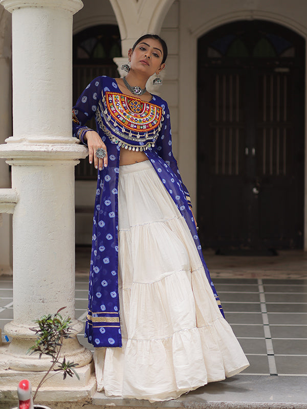 Blue Bandhani Printed Long Kurti With Off White Lehenga