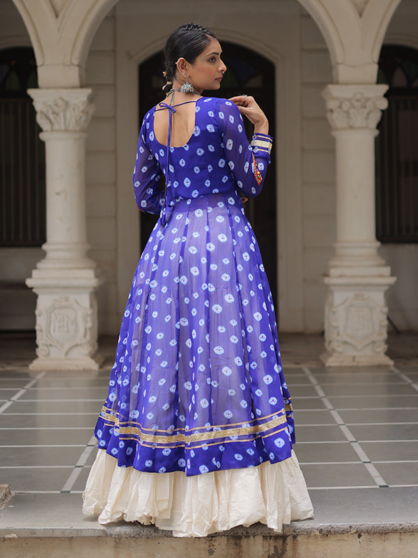 Blue Bandhani Printed Long Kurti With Off White Lehenga