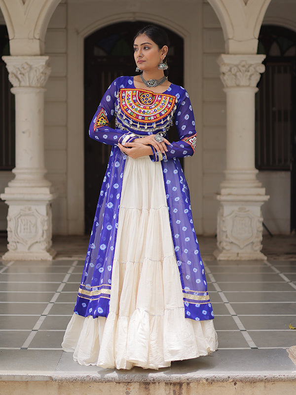 Blue Bandhani Printed Long Kurti With Off White Lehenga