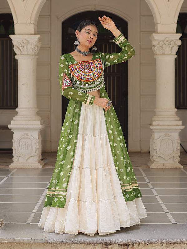 Parrot Green Bandhani Printed Long Kurti With Off White Lehenga