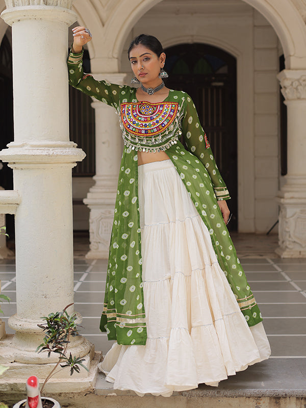 Parrot Green Bandhani Printed Long Kurti With Off White Lehenga
