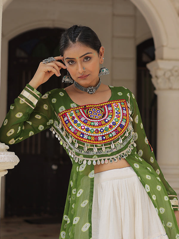 Parrot Green Bandhani Printed Long Kurti With Off White Lehenga