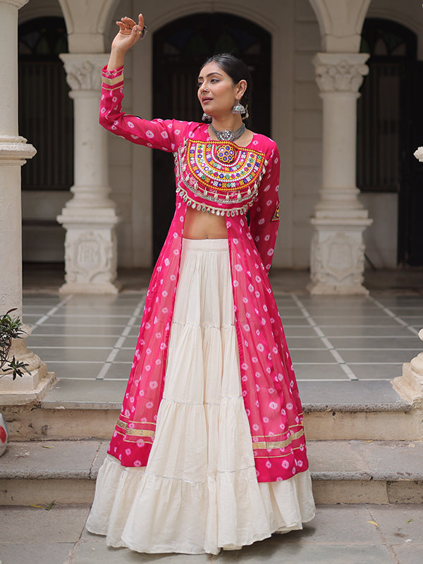 Pink Bandhani Printed Long Kurti With Off White Lehenga