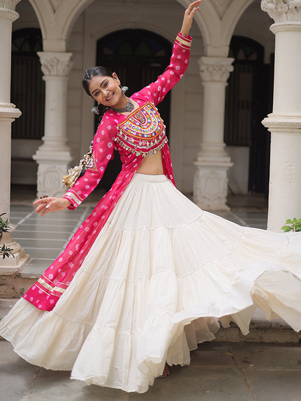 Pink Bandhani Printed Long Kurti With Off White Lehenga
