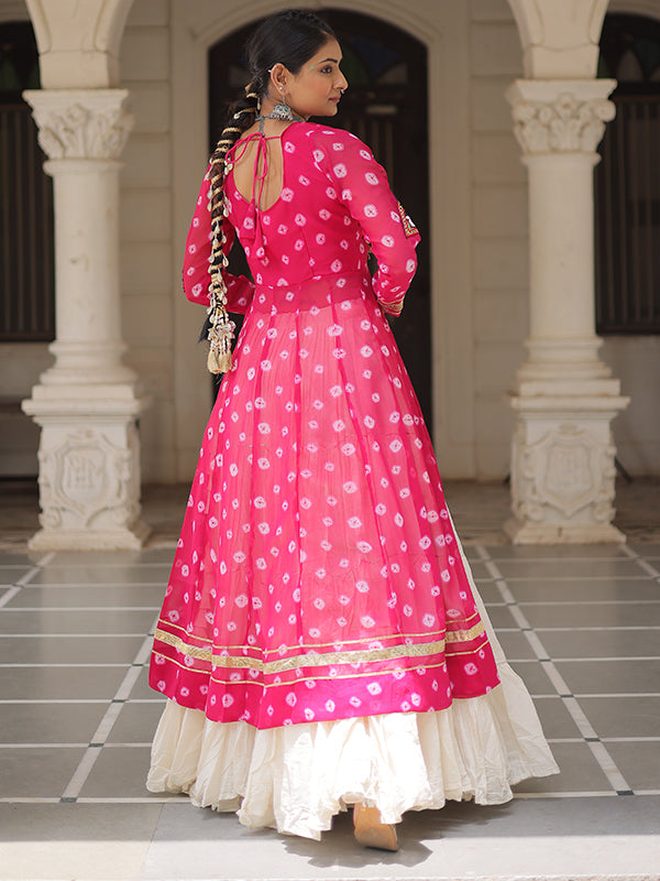 Pink Bandhani Printed Long Kurti With Off White Lehenga