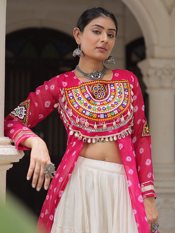 Pink Bandhani Printed Long Kurti With Off White Lehenga