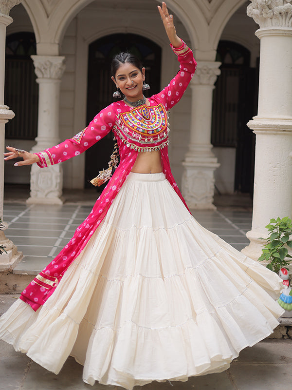 Pink Bandhani Printed Long Kurti With Off White Lehenga