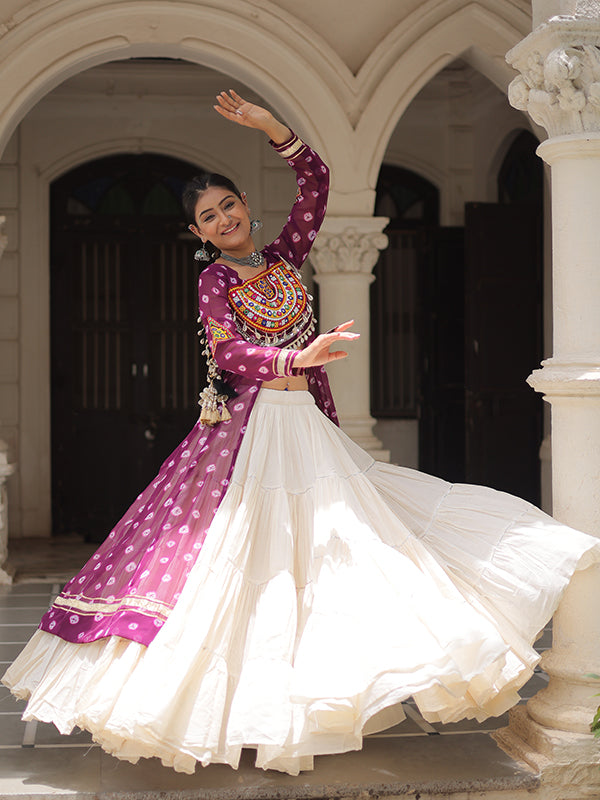 Wine Bandhani Printed Long Kurti With Off White Lehenga