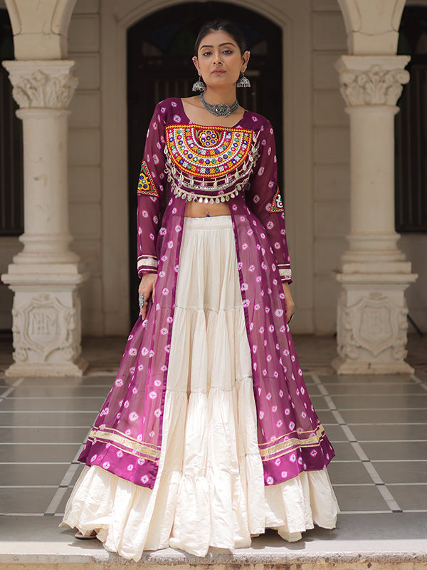 Wine Bandhani Printed Long Kurti With Off White Lehenga