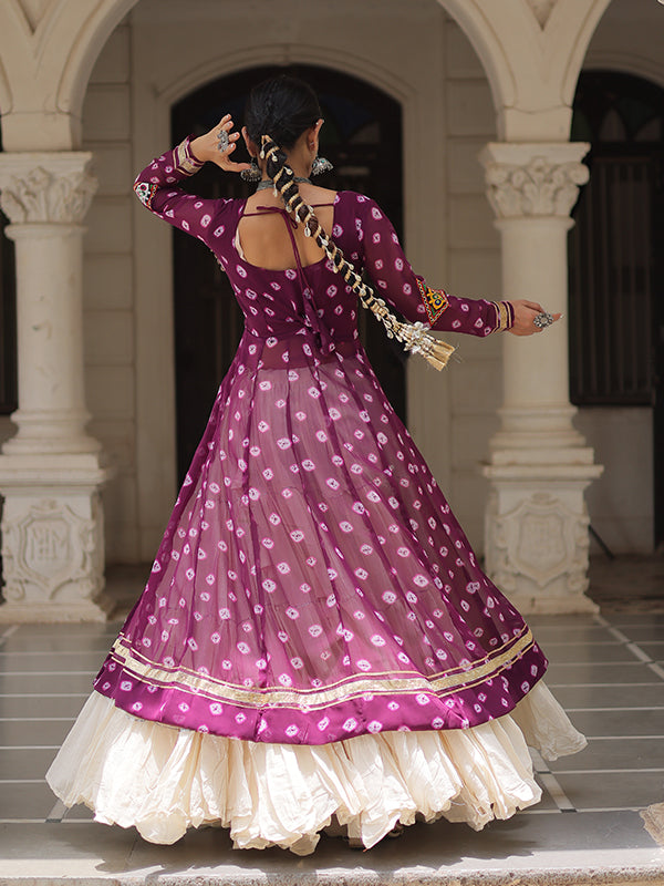 Wine Bandhani Printed Long Kurti With Off White Lehenga