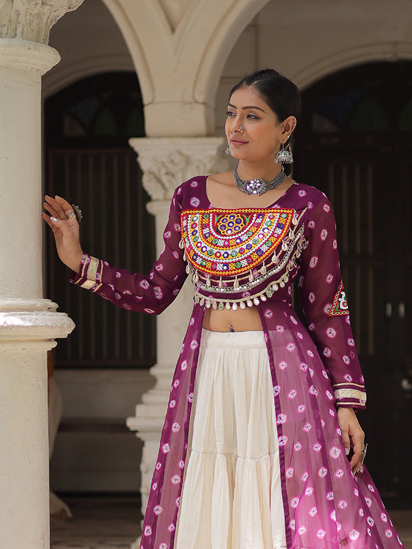 Wine Bandhani Printed Long Kurti With Off White Lehenga