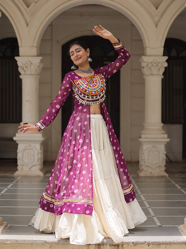 Wine Bandhani Printed Long Kurti With Off White Lehenga