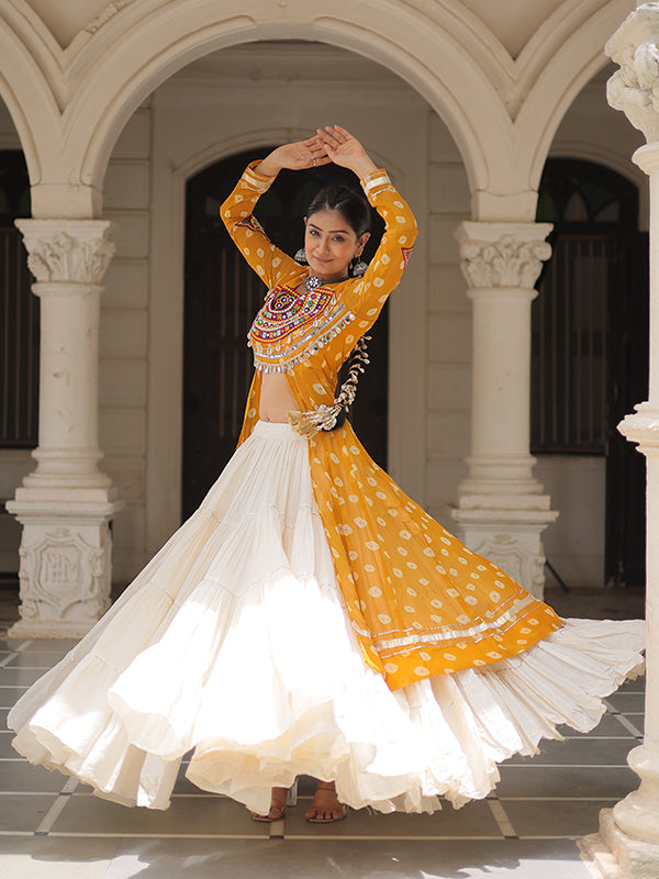 Yellow Bandhani Printed Long Kurti With Off White Lehenga