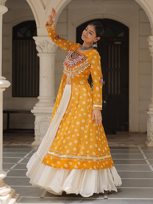 Yellow Bandhani Printed Long Kurti With Off White Lehenga