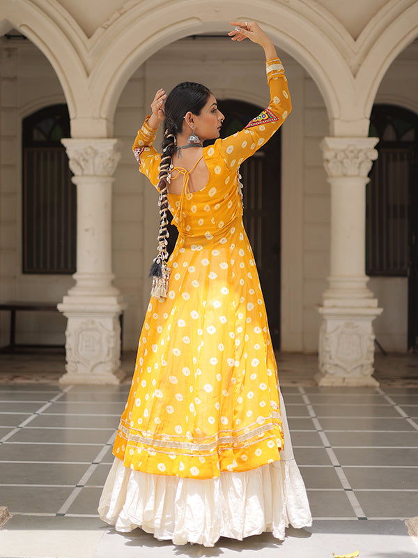 Yellow Bandhani Printed Long Kurti With Off White Lehenga
