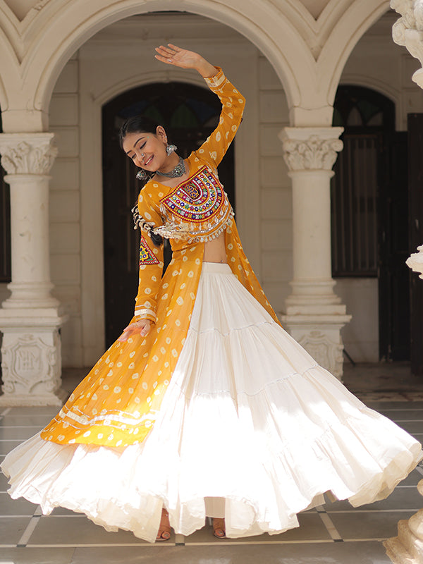 Yellow Bandhani Printed Long Kurti With Off White Lehenga