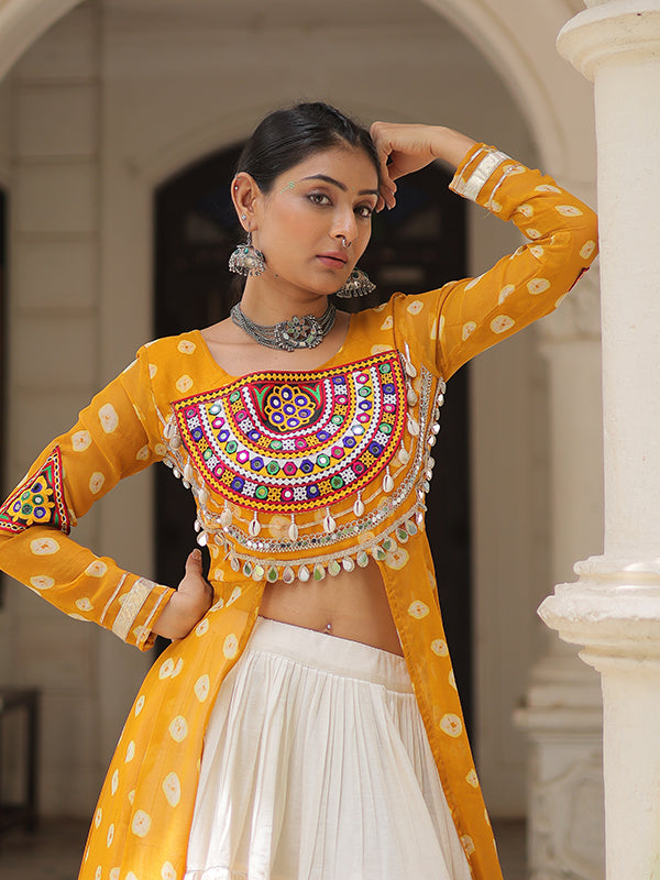 Yellow Bandhani Printed Long Kurti With Off White Lehenga