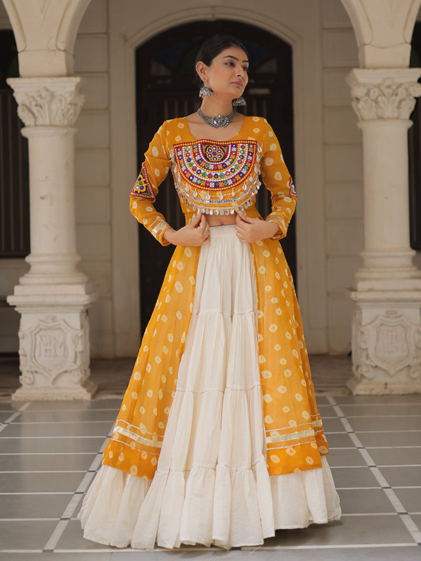Yellow Bandhani Printed Long Kurti With Off White Lehenga