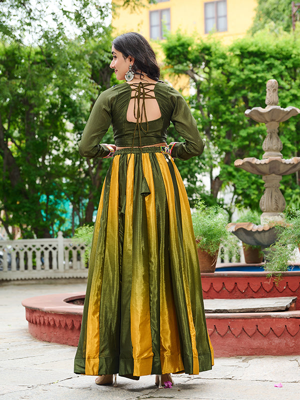 Green Kutchi Gamthi Embroidered Work Blouse With Chinnon Lehenga
