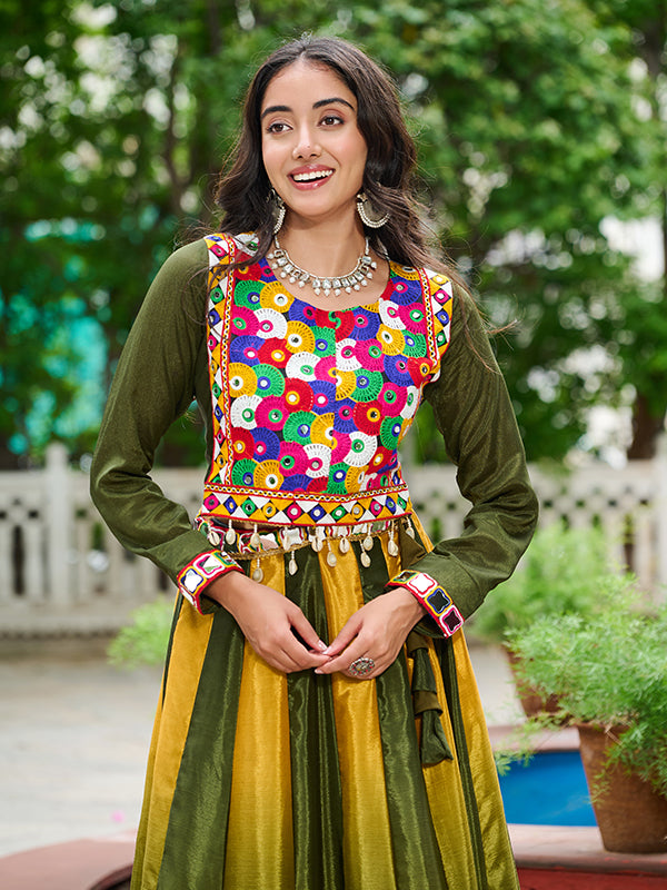 Green Kutchi Gamthi Embroidered Work Blouse With Chinnon Lehenga