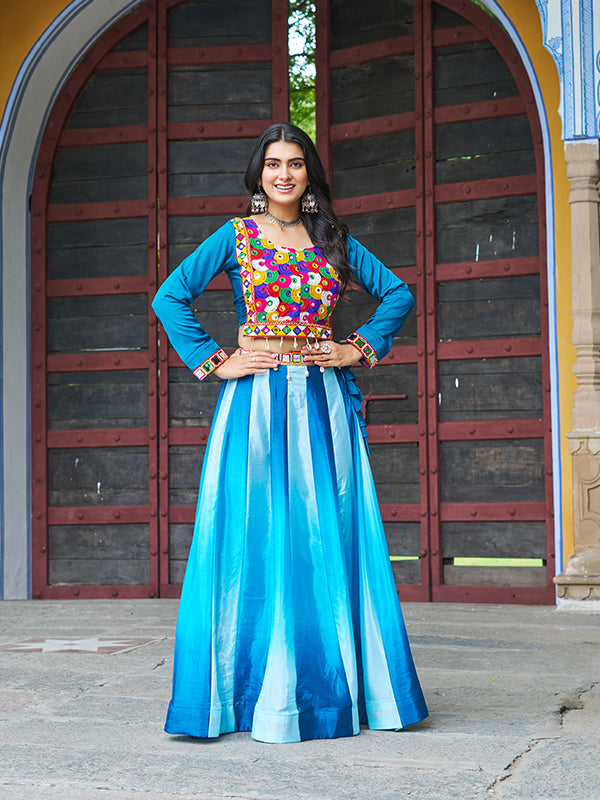 Sky Blue Kutchi Gamthi Embroidered Work Blouse With Chinnon Lehenga