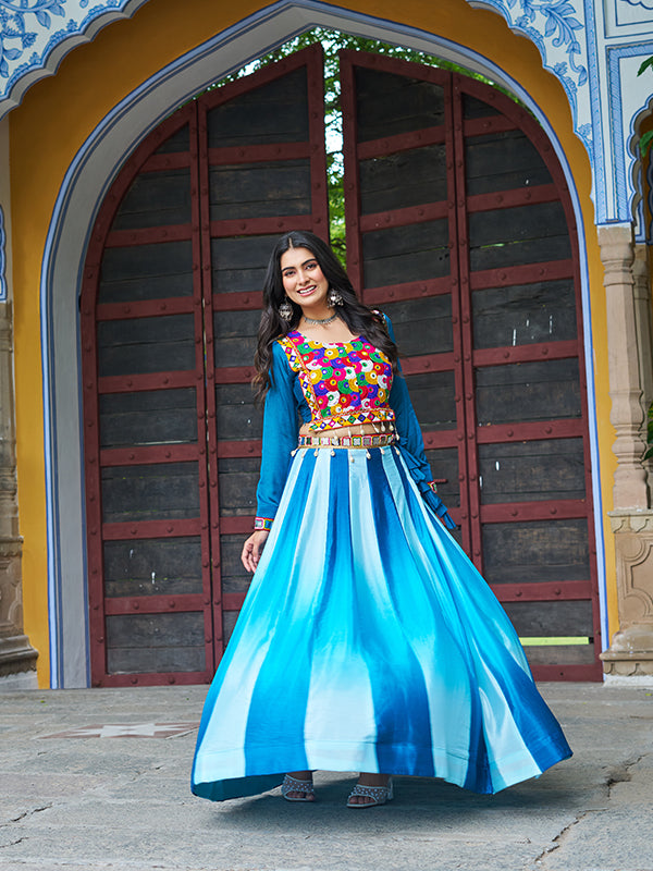 Sky Blue Kutchi Gamthi Embroidered Work Blouse With Chinnon Lehenga
