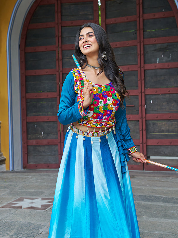Sky Blue Kutchi Gamthi Embroidered Work Blouse With Chinnon Lehenga