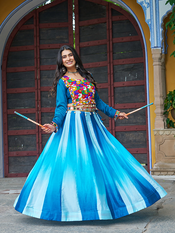 Sky Blue Kutchi Gamthi Embroidered Work Blouse With Chinnon Lehenga