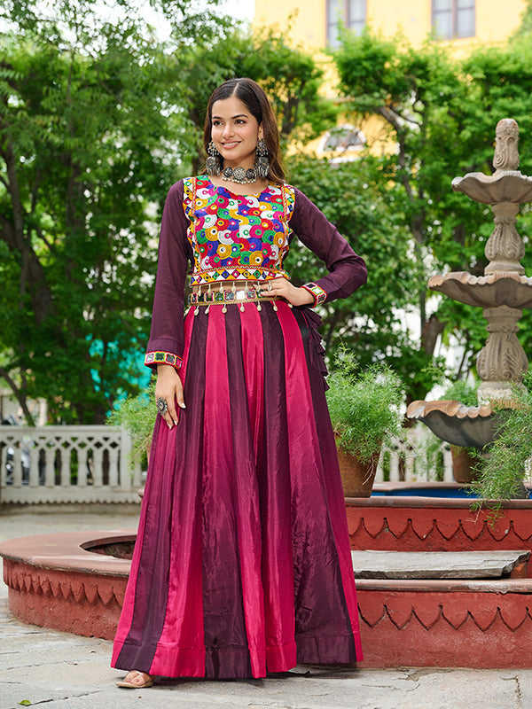 Wine Kutchi Gamthi Embroidered Work Blouse With Chinnon Lehenga