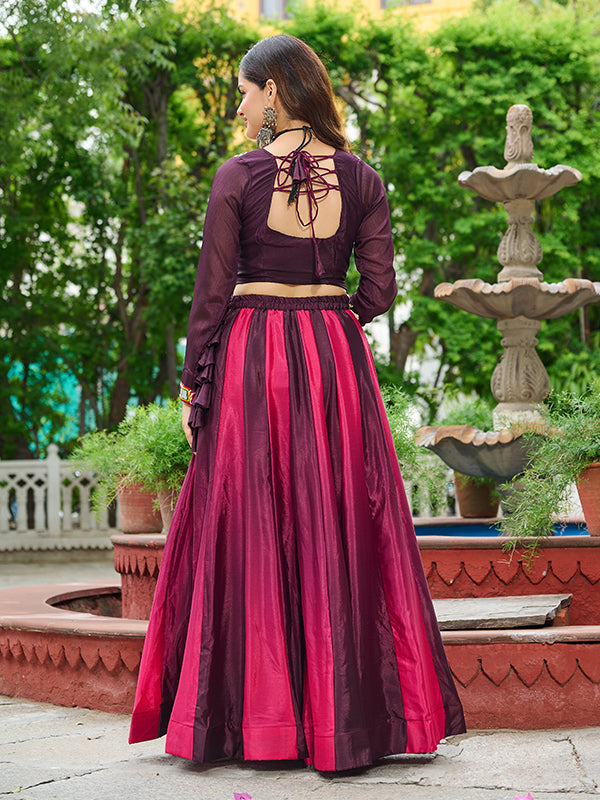 Wine Kutchi Gamthi Embroidered Work Blouse With Chinnon Lehenga